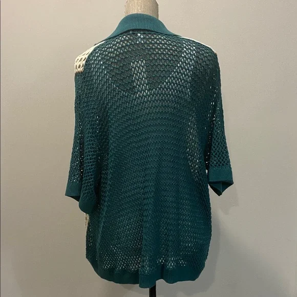 Urban Outfitters Unisex Teal & Cream Crochet Cardigan Size Medium Retro Style - Picture 8 of 14